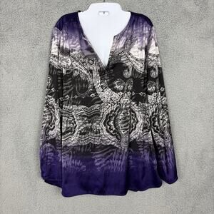 Chicos Travelers Satin Top Purple V Neck Long Sleeve Tunic sz Large